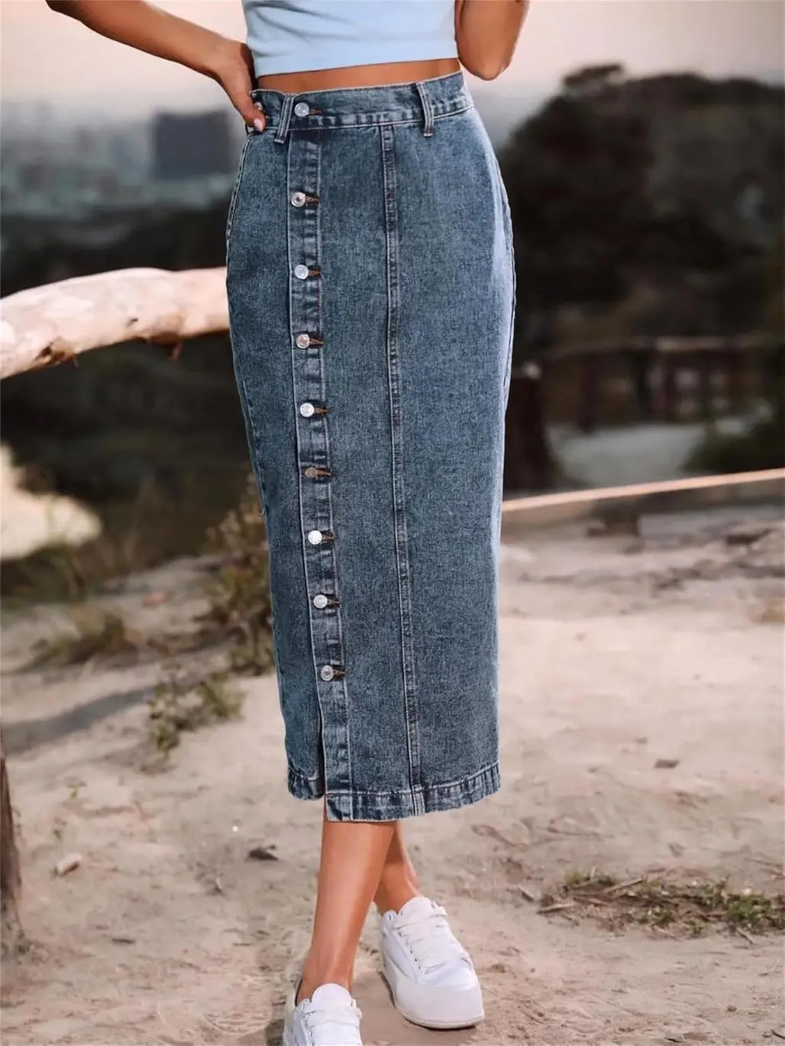 Women's Pencil Jean Skirt High Waisted A-Line Skirts Ins Button Down Side Split Hem Stretch Skirt