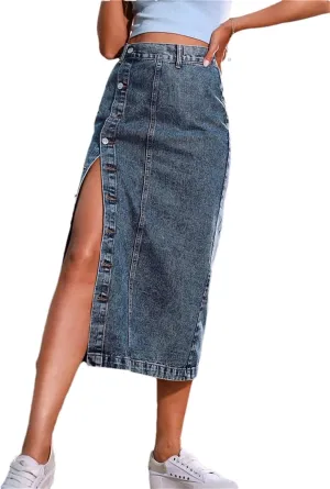Women's Pencil Jean Skirt High Waisted A-Line Skirts Ins Button Down Side Split Hem Stretch Skirt