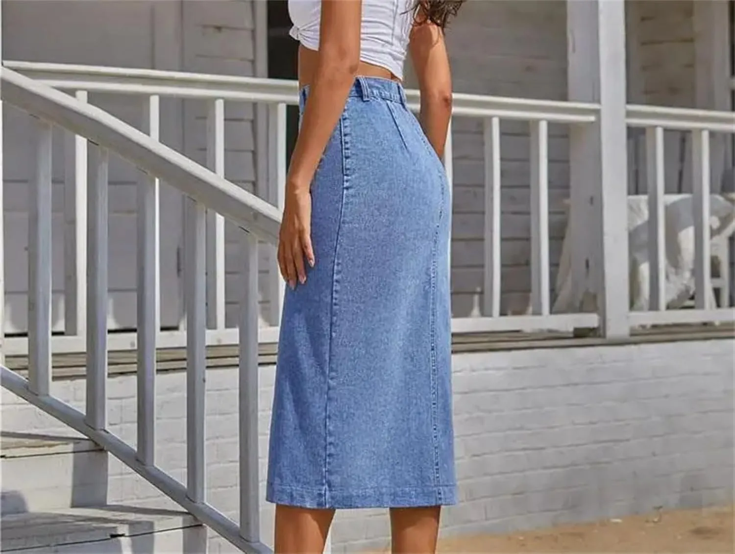 Women's Pencil Jean Skirt High Waisted A-Line Skirts Ins Button Down Side Split Hem Stretch Skirt