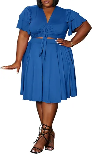 Womens Plus Size 2 Piece Dress Outfits Sexy Short Sleeve Bandage Wrap Empire Crop Tops and Swing Midi Sets