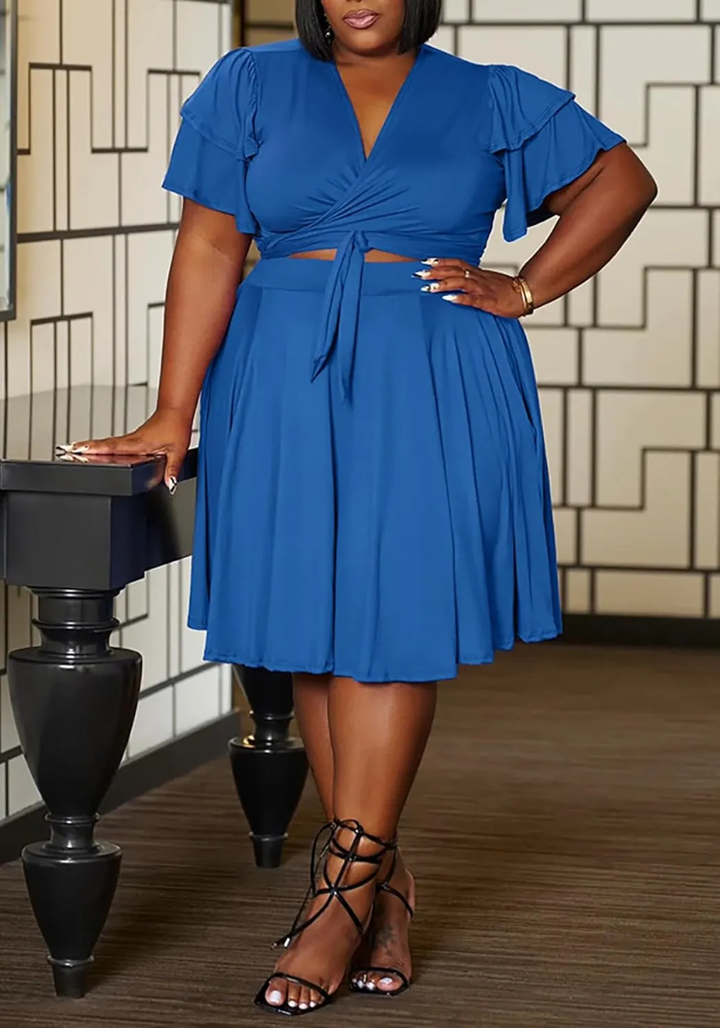 Womens Plus Size 2 Piece Dress Outfits Sexy Short Sleeve Bandage Wrap Empire Crop Tops and Swing Midi Sets