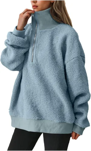 Womens Sherpa Hoodies Quarter Zip Up Fuzzy Fleece Pullover Top Casual Loose Fluffy Sweatshirts Warm Winter Clothes