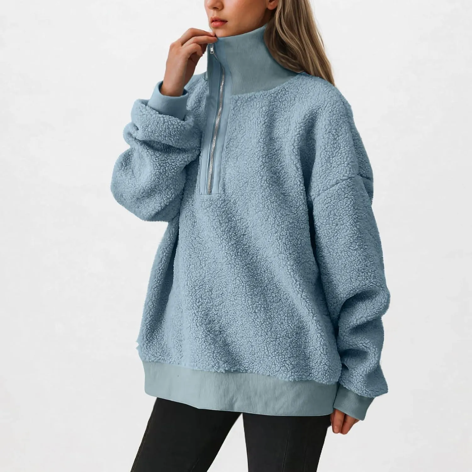 Womens Sherpa Hoodies Quarter Zip Up Fuzzy Fleece Pullover Top Casual Loose Fluffy Sweatshirts Warm Winter Clothes