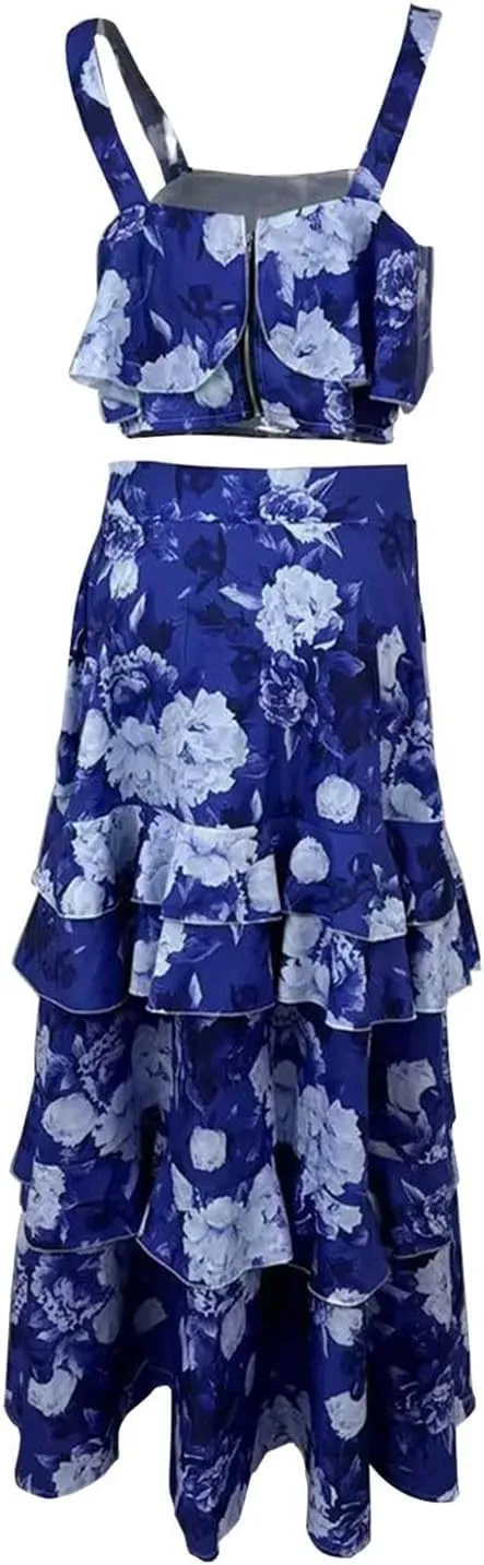 Women's Summer 2 Piece Outfits Floral Print Strap Crop Tops Tiered Ruffle Skirt Sets Boho Beach Maxi Long Dress
