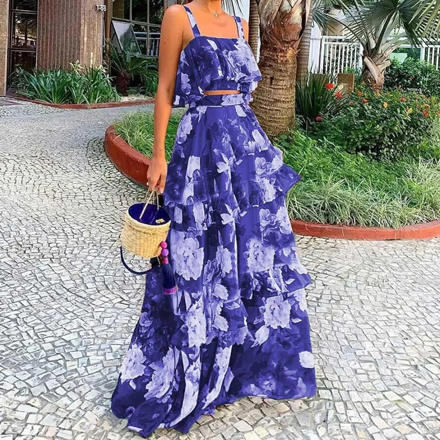 Women's Summer 2 Piece Outfits Floral Print Strap Crop Tops Tiered Ruffle Skirt Sets Boho Beach Maxi Long Dress
