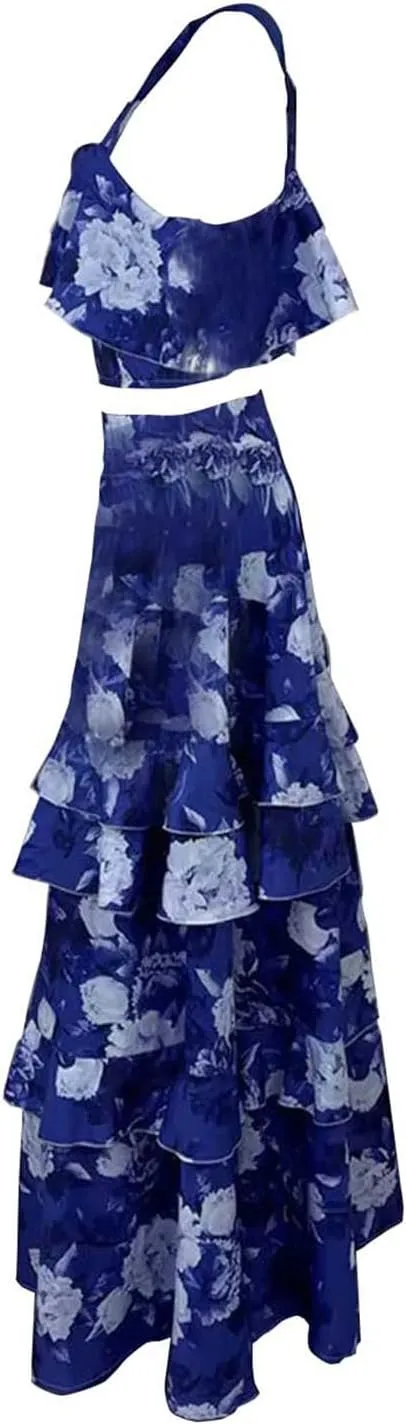 Women's Summer 2 Piece Outfits Floral Print Strap Crop Tops Tiered Ruffle Skirt Sets Boho Beach Maxi Long Dress