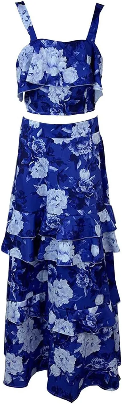 Women's Summer 2 Piece Outfits Floral Print Strap Crop Tops Tiered Ruffle Skirt Sets Boho Beach Maxi Long Dress