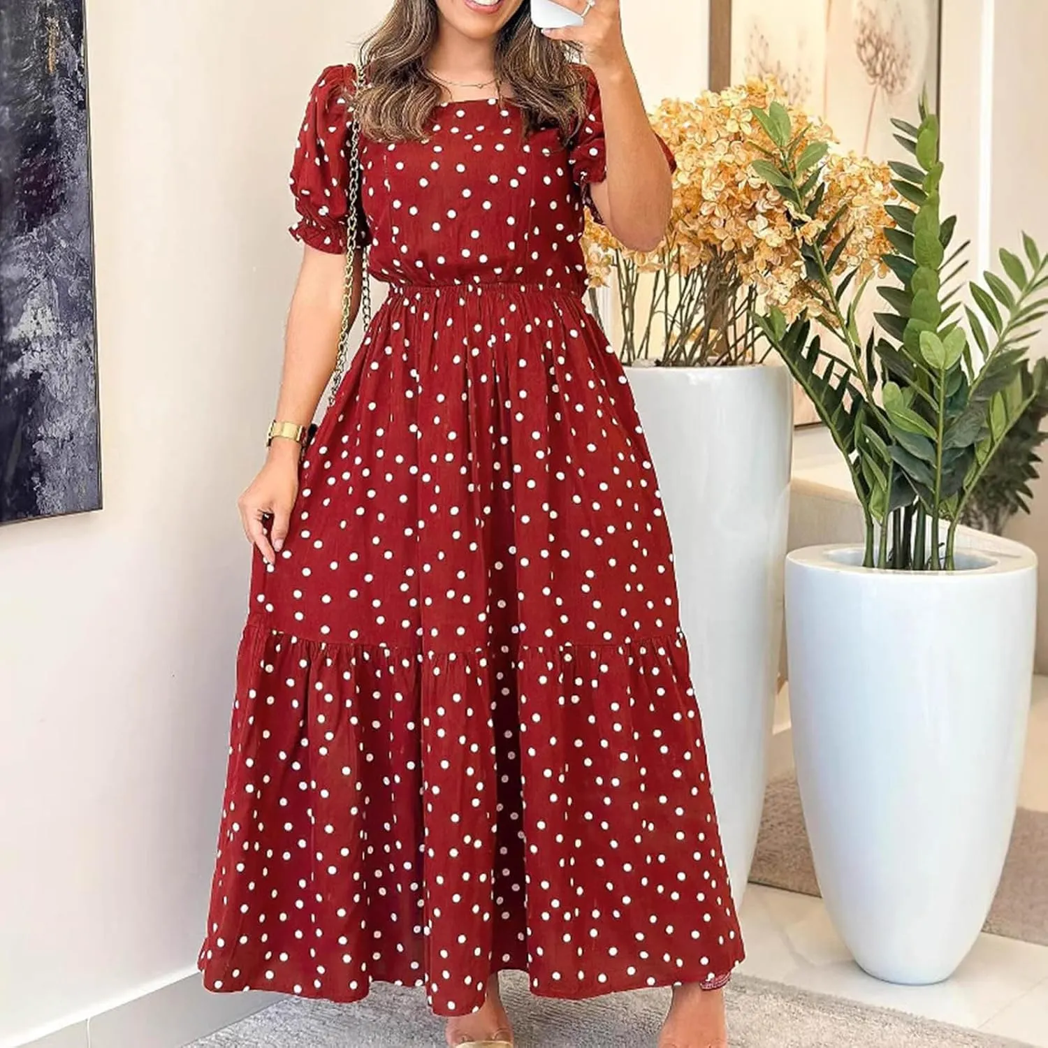 Women's Summer Casual Boho Dress Polka Dot Print Square Neck Ruffle Puff Short Sleeve Flowy Maxi Beach Party Dresses
