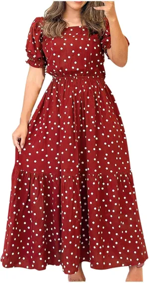 Women's Summer Casual Boho Dress Polka Dot Print Square Neck Ruffle Puff Short Sleeve Flowy Maxi Beach Party Dresses