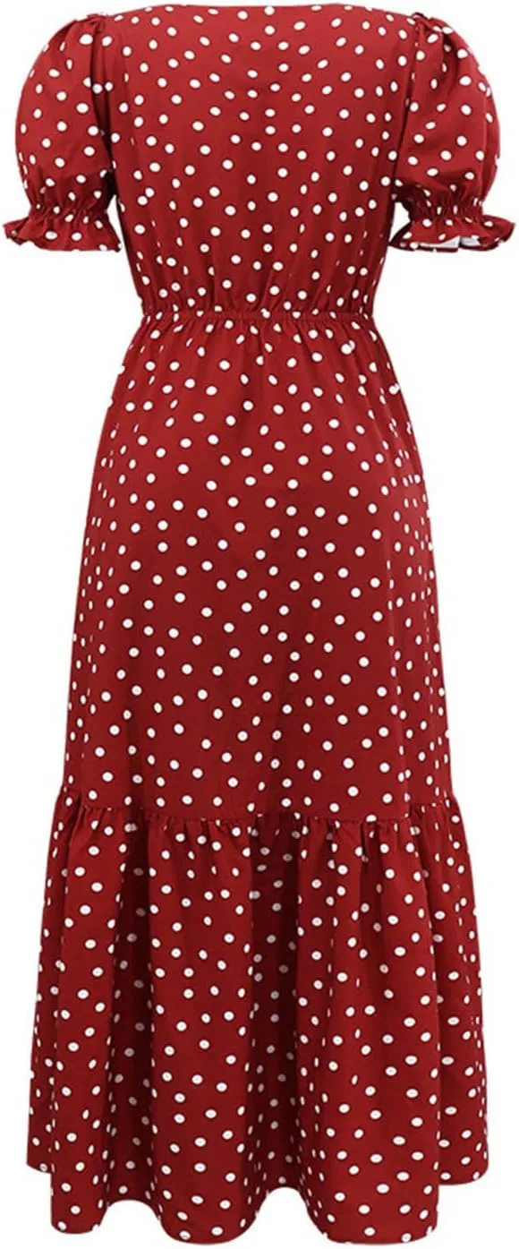 Women's Summer Casual Boho Dress Polka Dot Print Square Neck Ruffle Puff Short Sleeve Flowy Maxi Beach Party Dresses