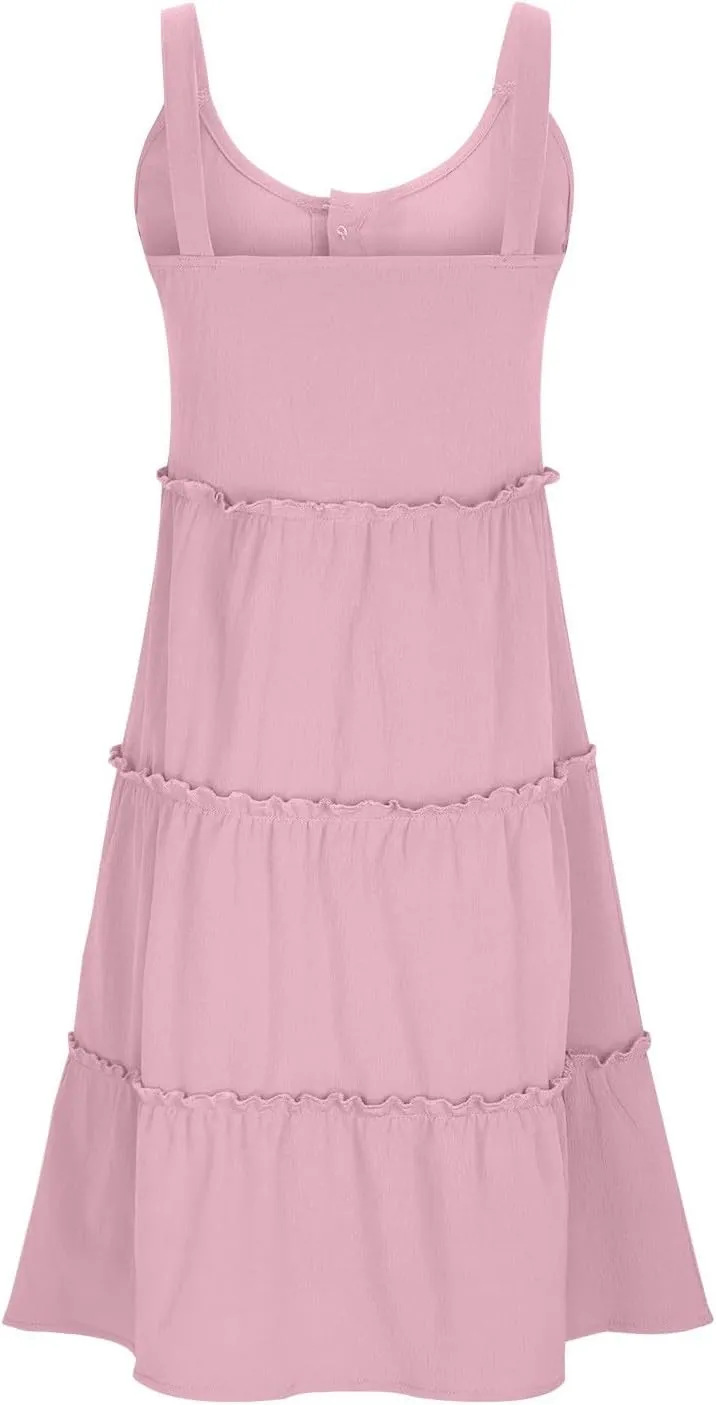 Women's Summer Casual Sleeveless Crew Neck Swing Dress Flowy Tiered Button Down Beach Sundress Ruffle Tiered Mini Dress