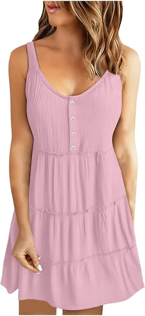 Women's Summer Casual Sleeveless Crew Neck Swing Dress Flowy Tiered Button Down Beach Sundress Ruffle Tiered Mini Dress