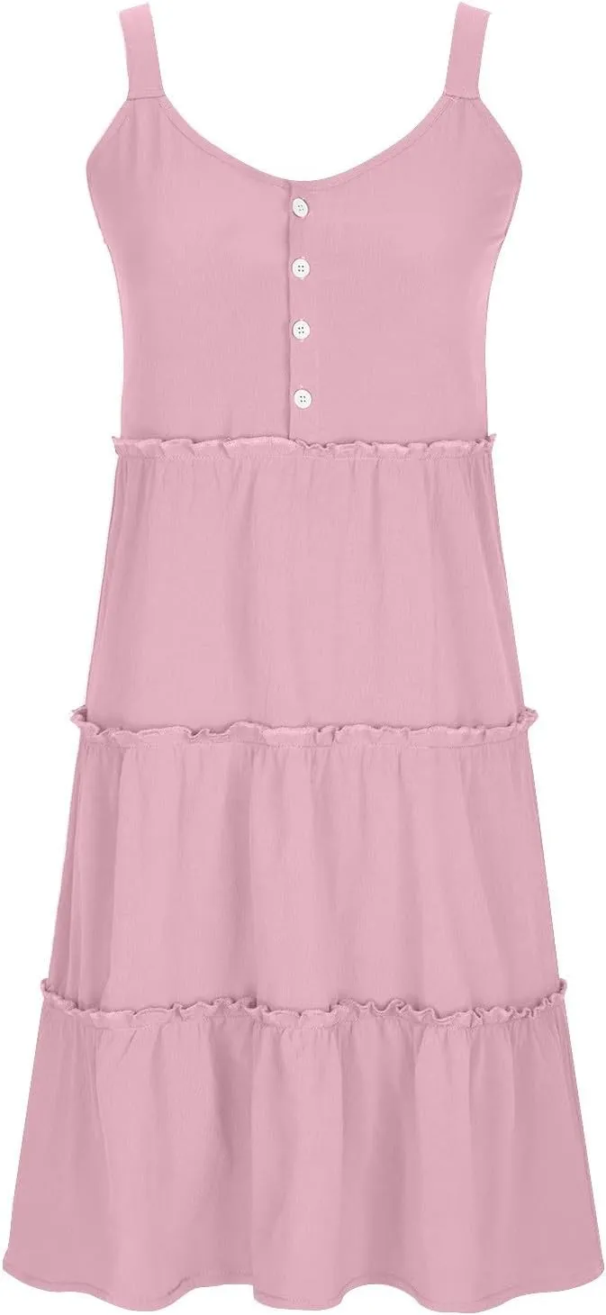Women's Summer Casual Sleeveless Crew Neck Swing Dress Flowy Tiered Button Down Beach Sundress Ruffle Tiered Mini Dress