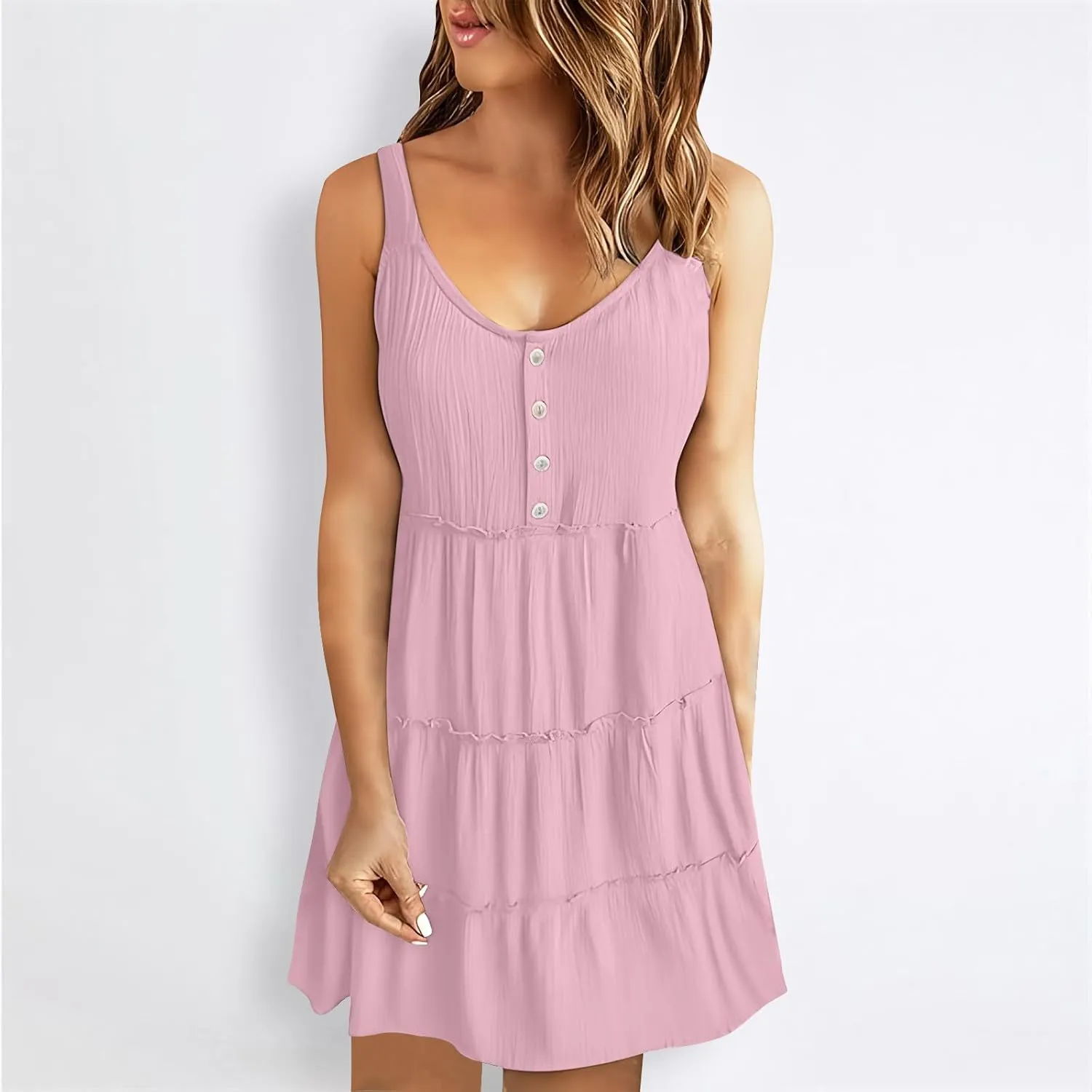 Women's Summer Casual Sleeveless Crew Neck Swing Dress Flowy Tiered Button Down Beach Sundress Ruffle Tiered Mini Dress