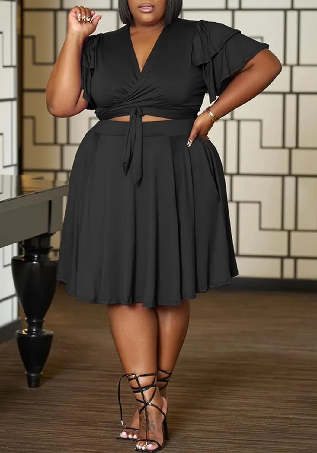 Women's Summer Plus Size 2 Piece Outfits Casual Short Sleeve Bandage Wrap Empire Crop Tops and Midi Skirt Sets
