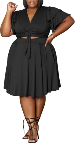 Women's Summer Plus Size 2 Piece Outfits Casual Short Sleeve Bandage Wrap Empire Crop Tops and Midi Skirt Sets