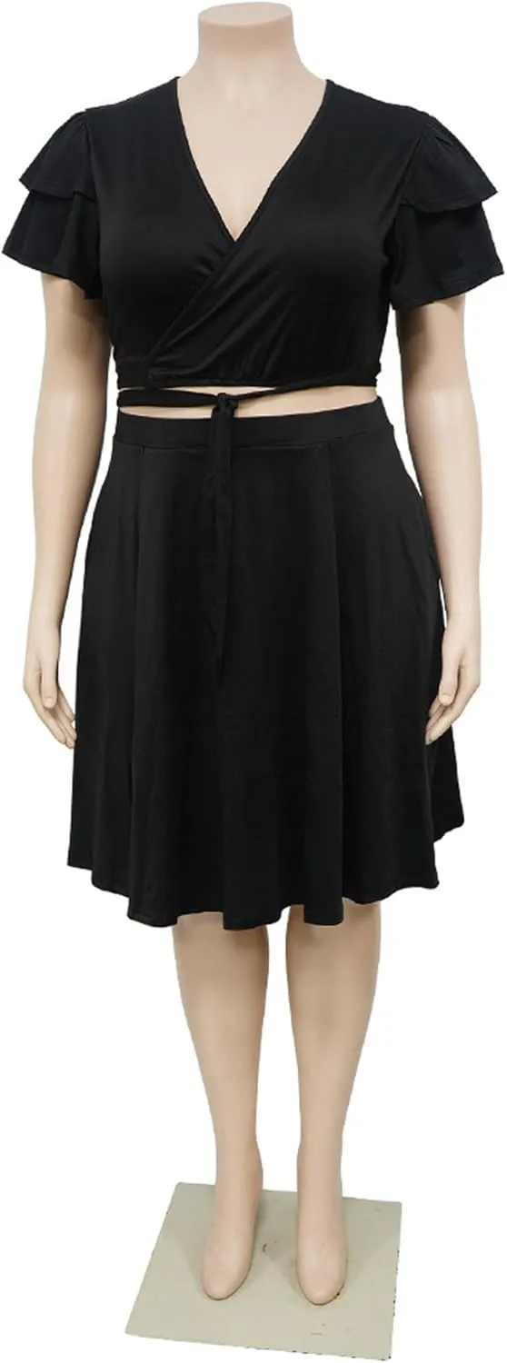 Women's Summer Plus Size 2 Piece Outfits Casual Short Sleeve Bandage Wrap Empire Crop Tops and Midi Skirt Sets