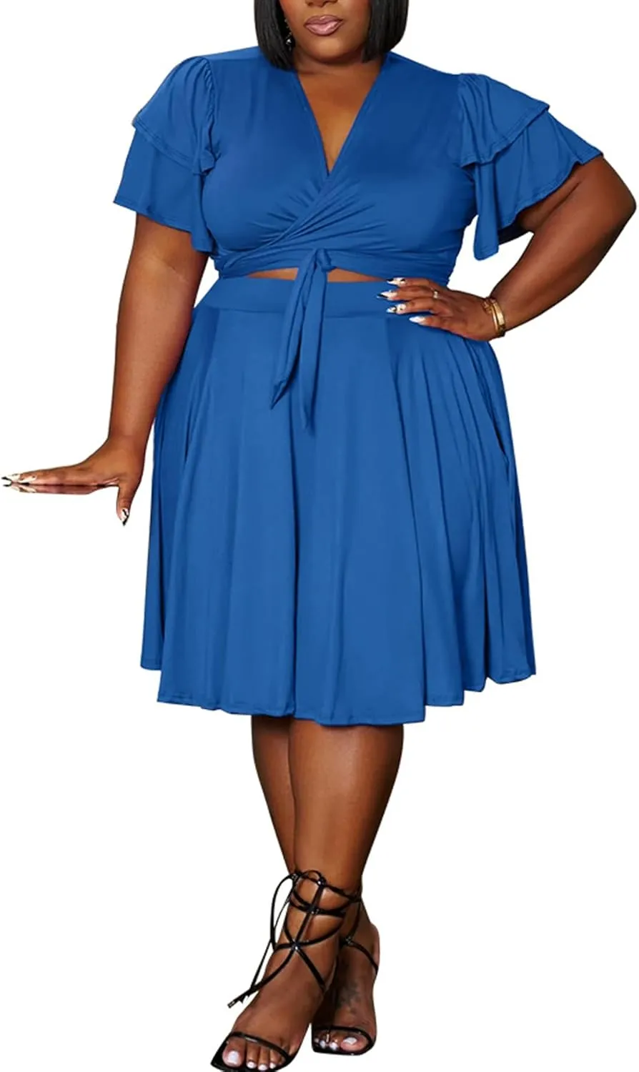 Women's Summer Plus Size 2 Piece Outfits Casual Short Sleeve Bandage Wrap Empire Crop Tops and Midi Skirt Sets