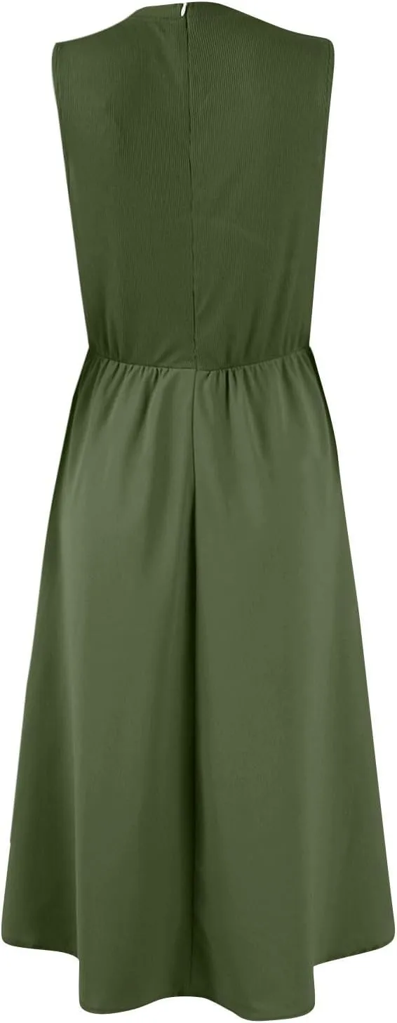 Womens Sundress Tank Summer Midi Dresses Empire Waist Wrap Dress Plus Size Sleeveless Cute Smocked Dress with Pockets