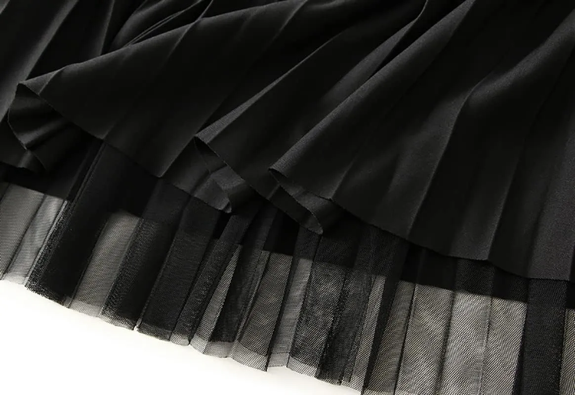 Womens Tulle Long Skirt Elastic Waist Reversible A Line Pleated Midi Skirt SK07
