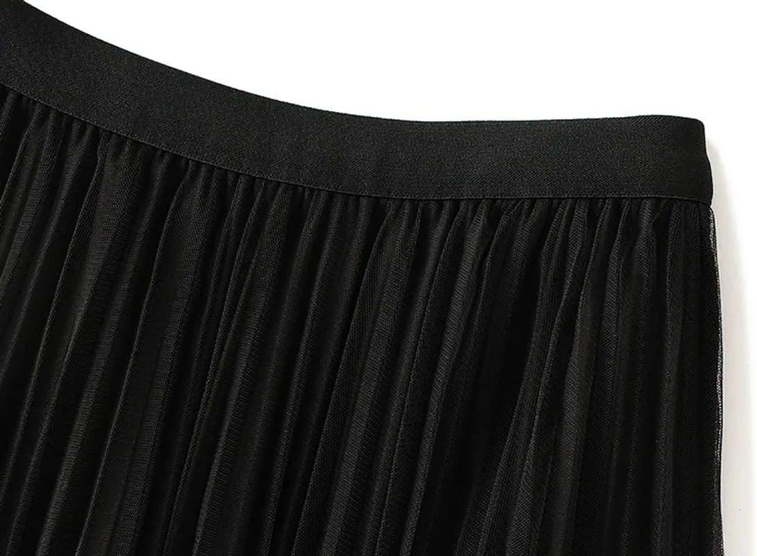 Womens Tulle Long Skirt Elastic Waist Reversible A Line Pleated Midi Skirt SK07
