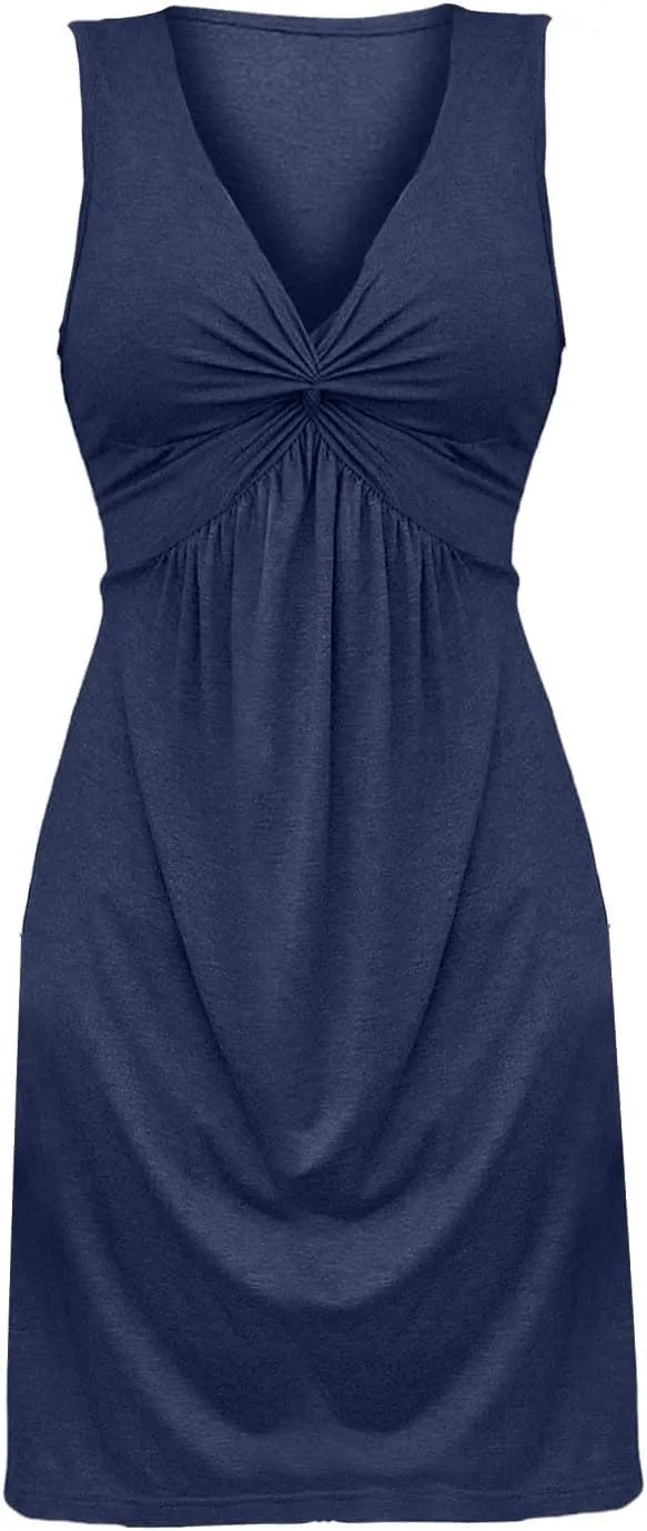 Women's Twist Front V Neck Tank A Line Dress Ruffle Summer Elegant Sleeveless Club Party Tunic Bodycon Mini Sundress