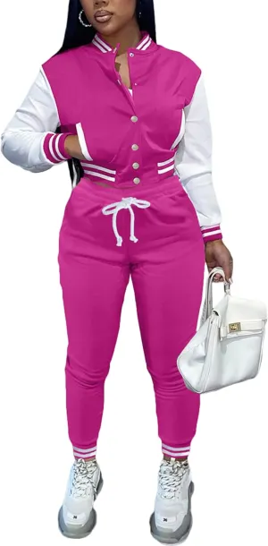 Womens Two Piece Tracksuit Button Down Cropped Varsity Jacket Pants Set Jogger Sweatsuit