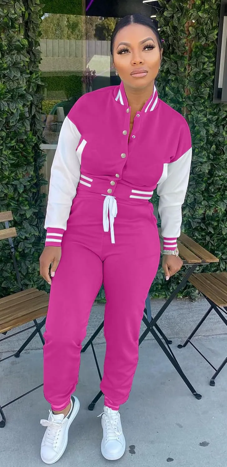 Womens Two Piece Tracksuit Button Down Cropped Varsity Jacket Pants Set Jogger Sweatsuit