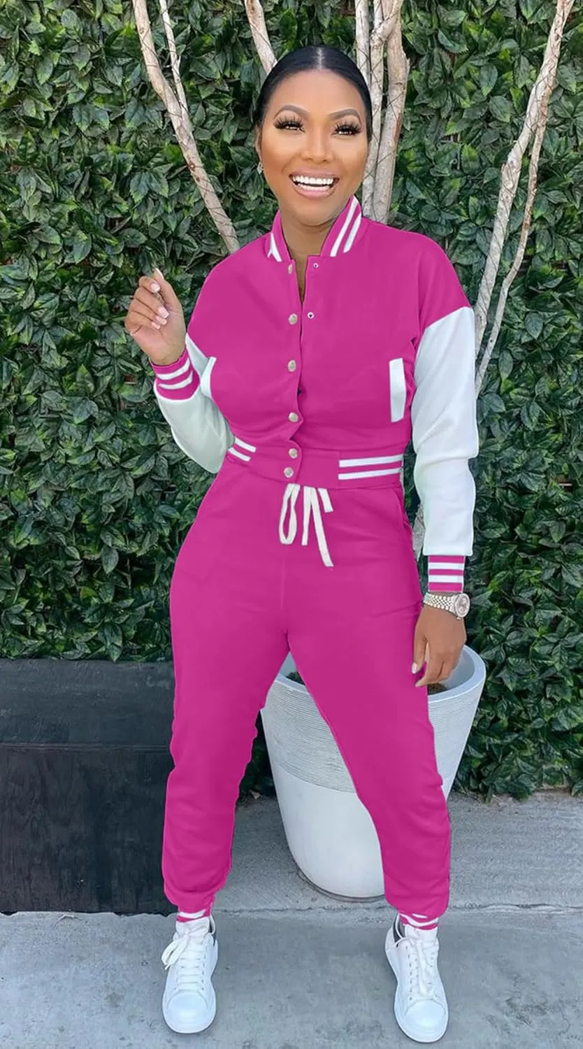 Womens Two Piece Tracksuit Button Down Cropped Varsity Jacket Pants Set Jogger Sweatsuit