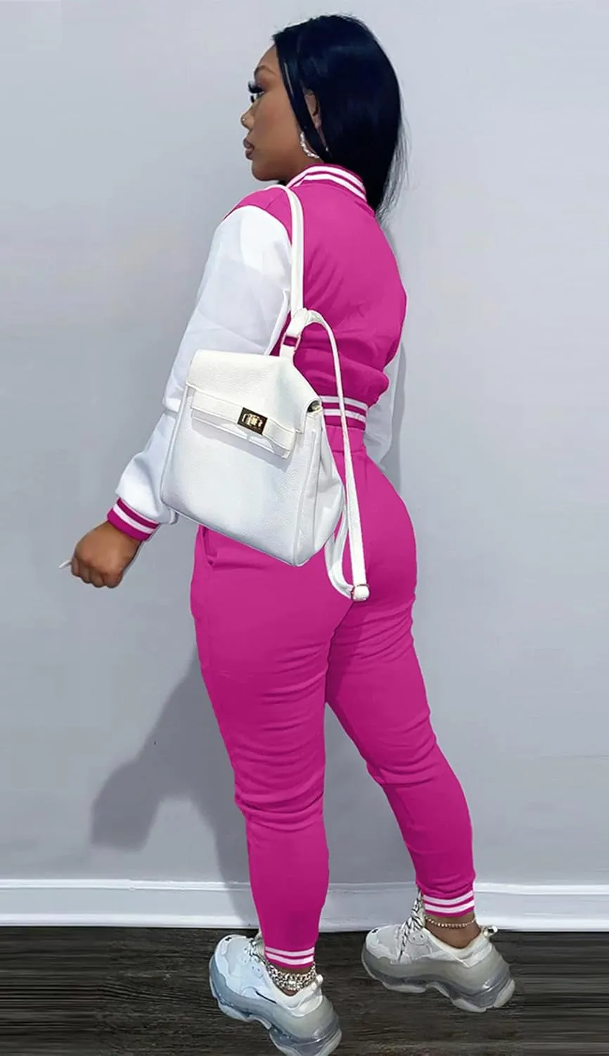Womens Two Piece Tracksuit Button Down Cropped Varsity Jacket Pants Set Jogger Sweatsuit