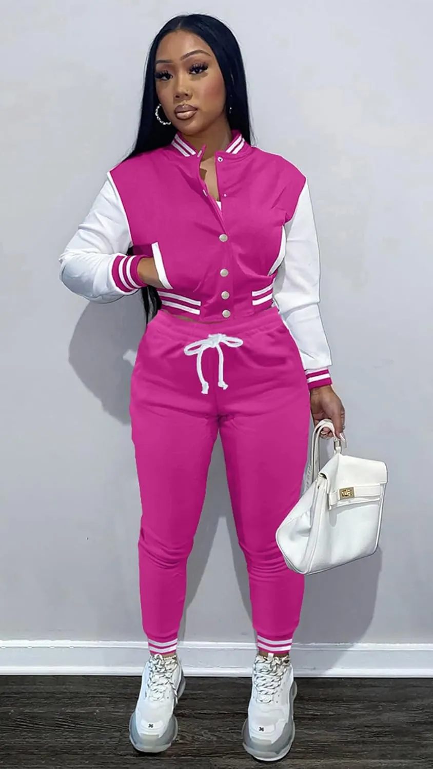 Womens Two Piece Tracksuit Button Down Cropped Varsity Jacket Pants Set Jogger Sweatsuit