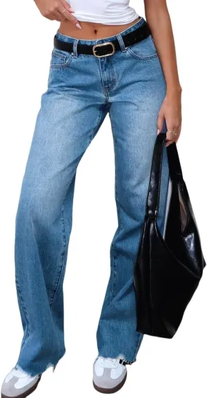 Women's Wide Straight Leg Jeans Mid Low Waist Baggy Frayed Raw Hem Loose Boyfriends Denim Pants Casual Trousers