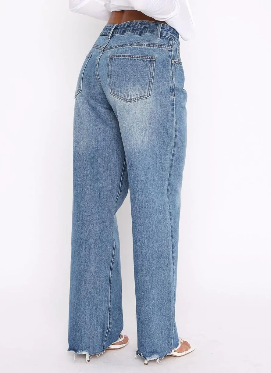 Women's Wide Straight Leg Jeans Mid Low Waist Baggy Frayed Raw Hem Loose Boyfriends Denim Pants Casual Trousers