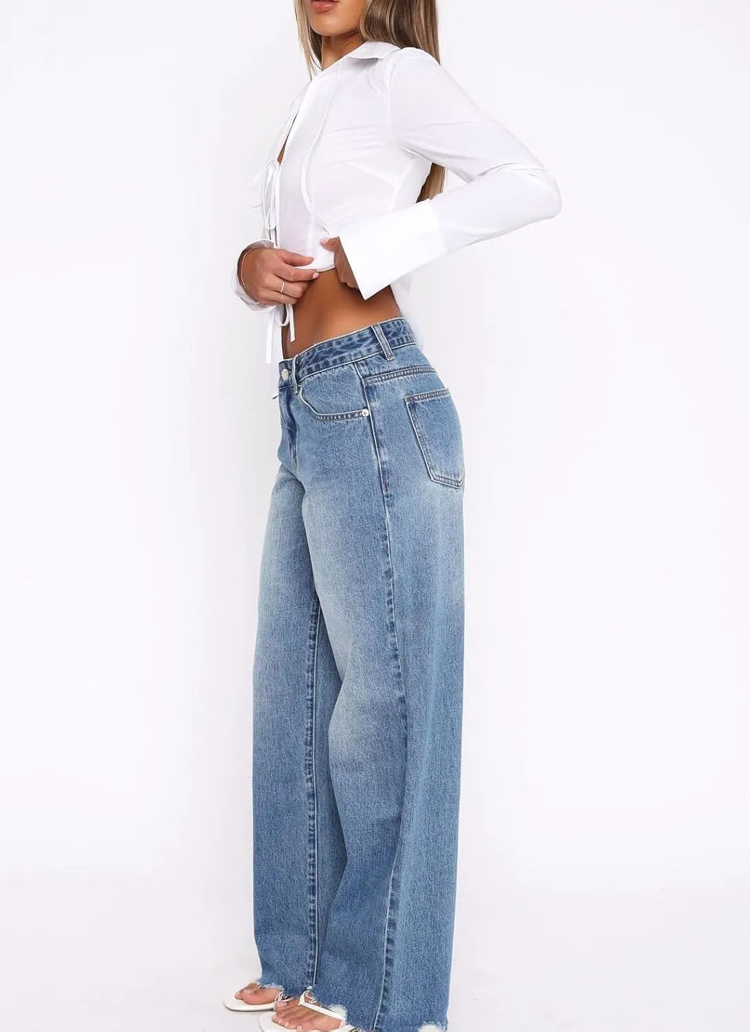 Women's Wide Straight Leg Jeans Mid Low Waist Baggy Frayed Raw Hem Loose Boyfriends Denim Pants Casual Trousers