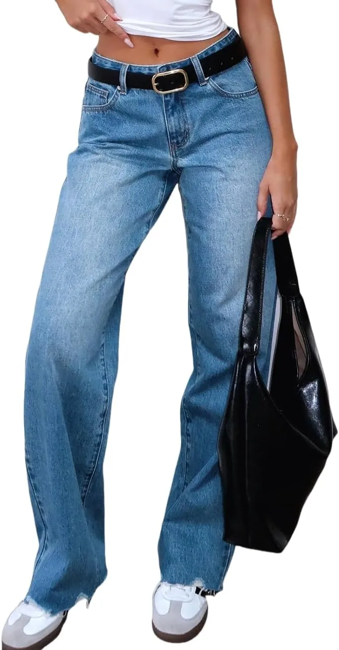 Women's Wide Straight Leg Jeans Mid Low Waist Baggy Frayed Raw Hem Loose Boyfriends Denim Pants Casual Trousers