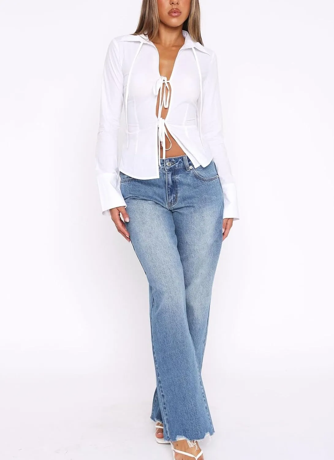 Women's Wide Straight Leg Jeans Mid Low Waist Baggy Frayed Raw Hem Loose Boyfriends Denim Pants Casual Trousers