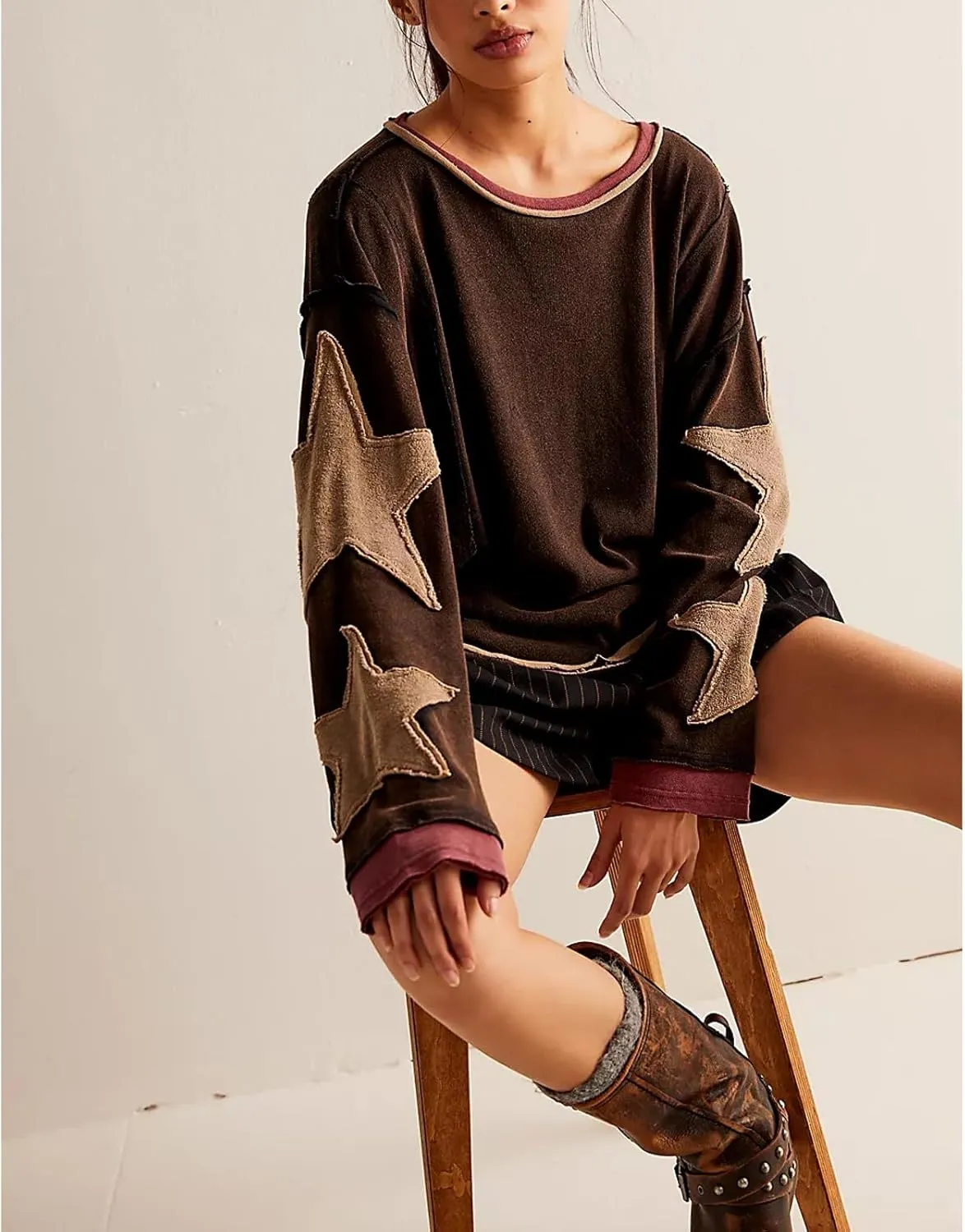 Womens Y2k Vintage Star Graphic Sweatshirts Aesthetic Harajuku Crew Neck Stripe Hoodies Top Teens Girl Streetwear