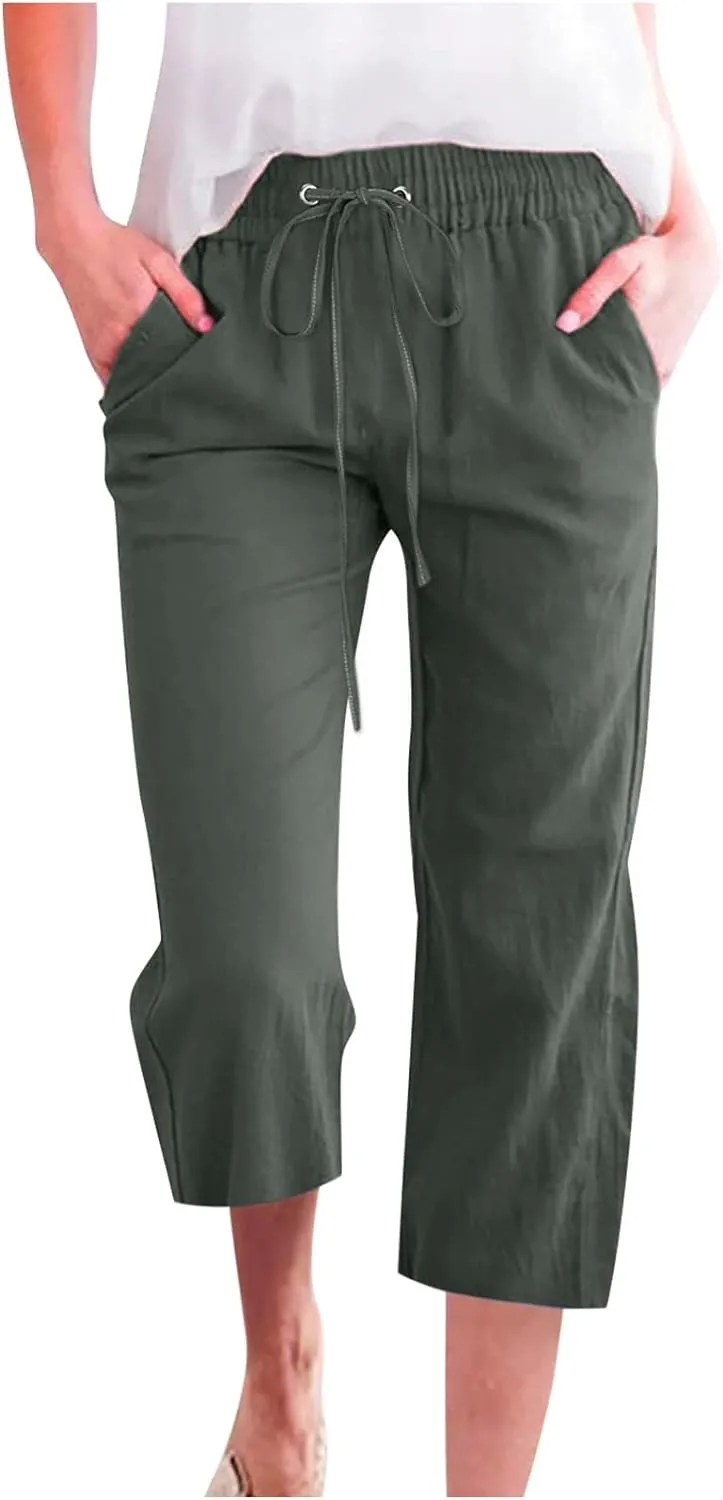Xiaojmake Linen Capri Pants for Womens Drawstring Waist Summer Casual Pants Loose Wide Leg Trouser Cropped Pants with Pockets