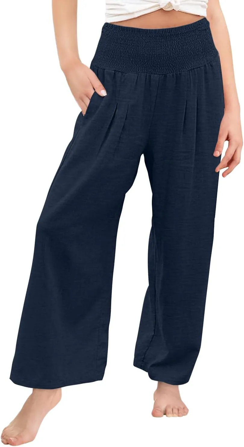 Yoklass Girls Pants Casual Smocked High Waist Pant Loose Wide Leg Long Trousers 4-14 Years