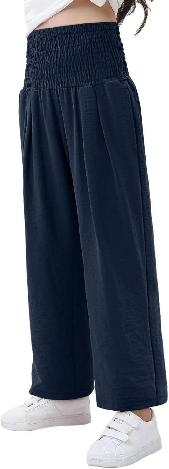 Yoklass Girls Pants Casual Smocked High Waist Pant Loose Wide Leg Long Trousers 4-14 Years