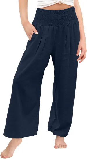 Yoklass Girls Pants Casual Smocked High Waist Pant Loose Wide Leg Long Trousers 4-14 Years