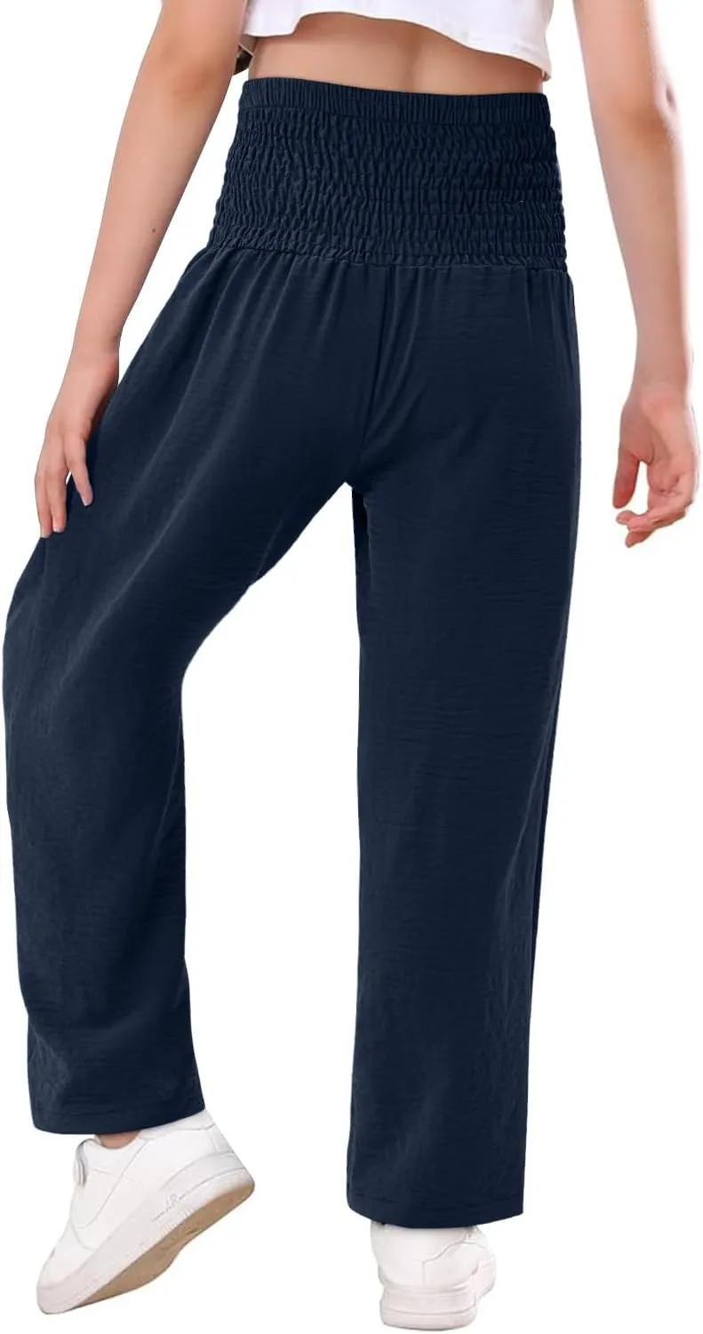 Yoklass Girls Pants Casual Smocked High Waist Pant Loose Wide Leg Long Trousers 4-14 Years