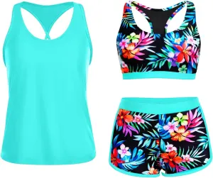 Yonique 3 Piece Athletic Tankini Swimsuits for Women with Shorts Swim Tank Tops with Sports Bra and Boyshorts Bathing Suits
