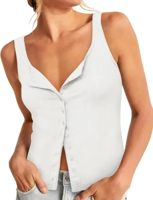 Yousify Womens Fitted Tank Tops Cami Trendy Knit Cropped Knitted Vest Button Down Square Neck Ribbed Strappy Henley Shirt