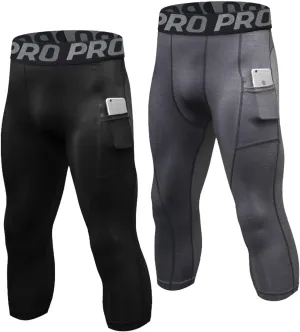 YUSHOW 2-3 Pack 3/4 Men's Compression Pants Tights Athletic Running Workout Leggings Quick Dry Sports Baselayer