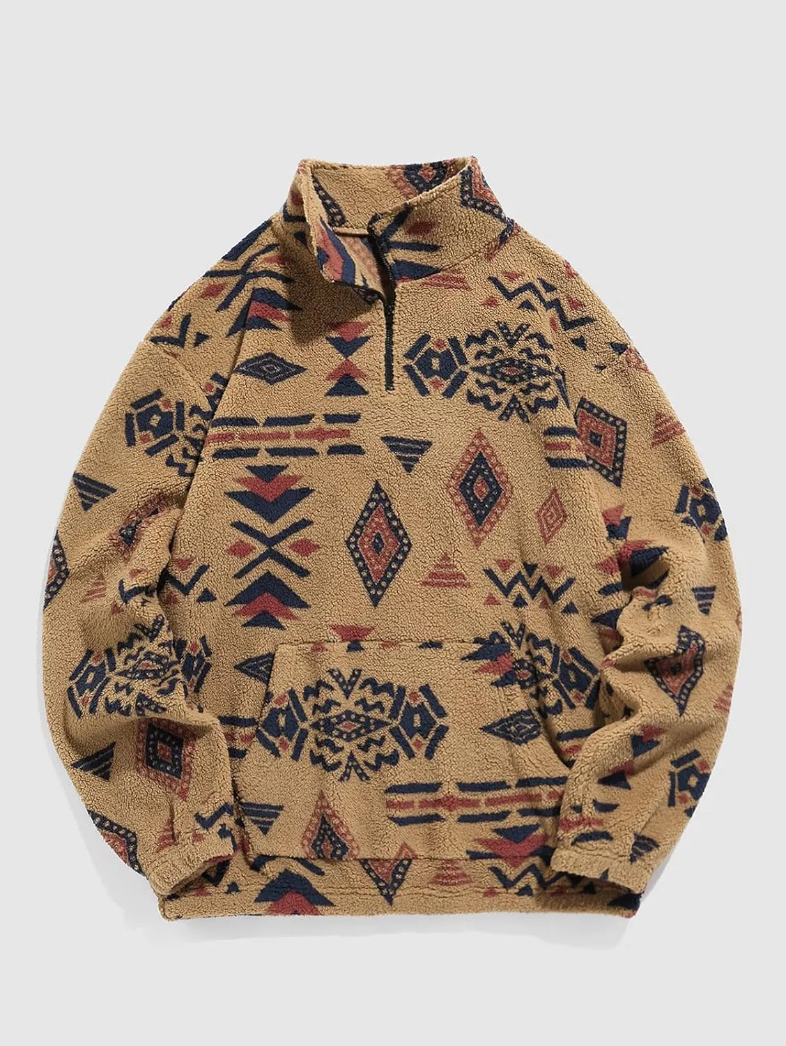ZAFUL Mens 1/4 Zipper Fleece Sherpa Pullover Sweatshirt Ethnic Aztec Printed Kangaroo Pocket Fall Winter Unisex Hoodie Tops