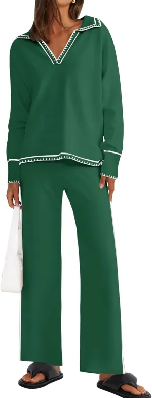 ZESICA Women's 2 Piece Fall Outfits Long Sleeve V Neck Knit Sweater Tops Wide Leg Pants Sweatsuit Lounge Sets