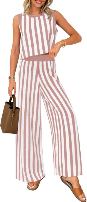 ZESICA Women's Summer Two Piece Outfits Crop Tank Tops and Wide Leg Pants Striped Lounge Travel Sets Casual Tracksuits