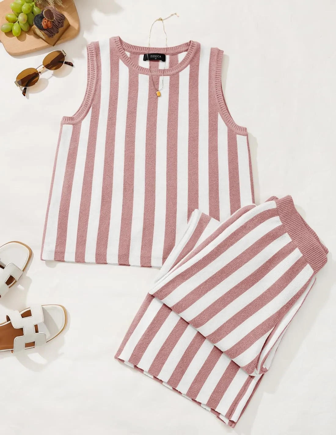 ZESICA Women's Summer Two Piece Outfits Crop Tank Tops and Wide Leg Pants Striped Lounge Travel Sets Casual Tracksuits