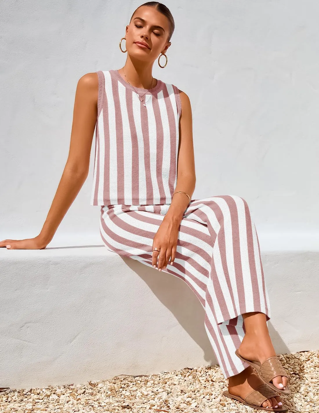 ZESICA Women's Summer Two Piece Outfits Crop Tank Tops and Wide Leg Pants Striped Lounge Travel Sets Casual Tracksuits